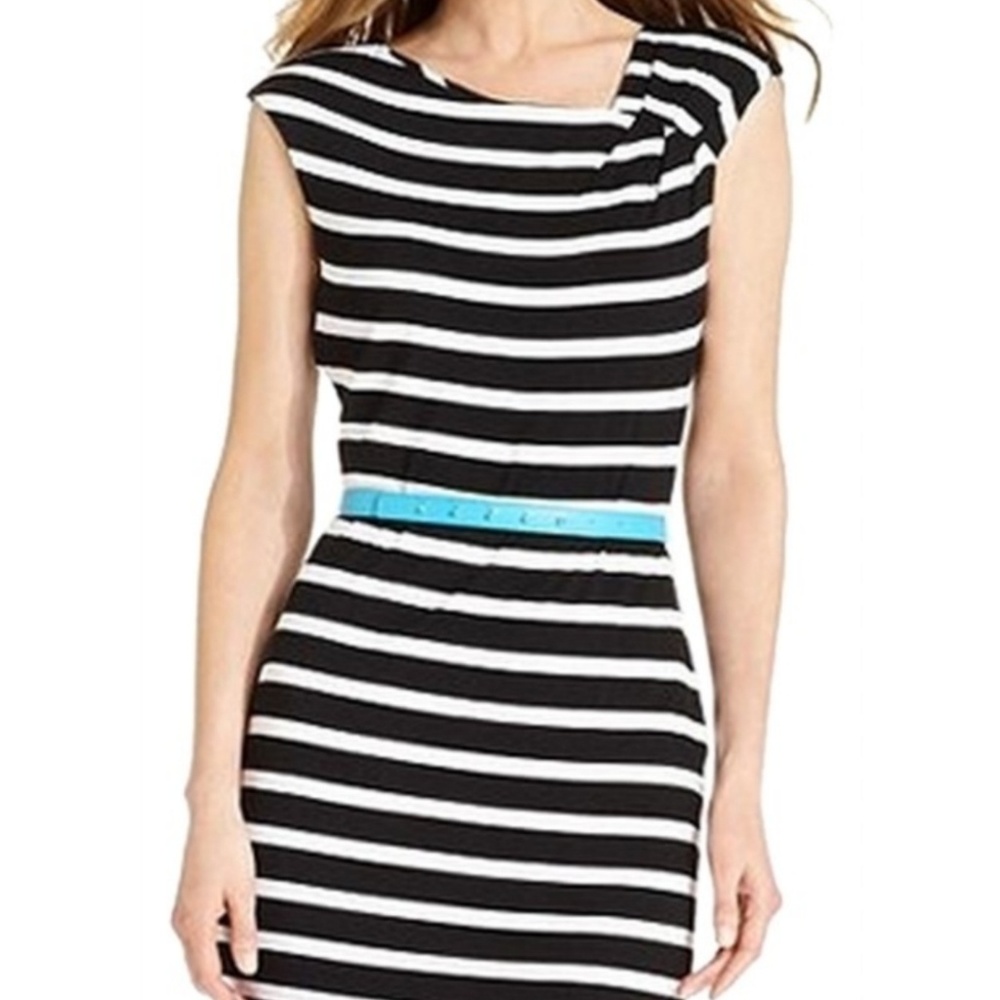 Calvin Klein striped dress, asymmetric neckline